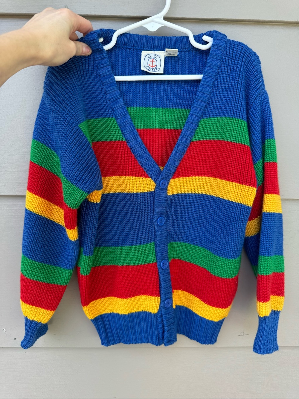 Blue Multicolor Striped V-Neck Button Sweater j. g book vintage